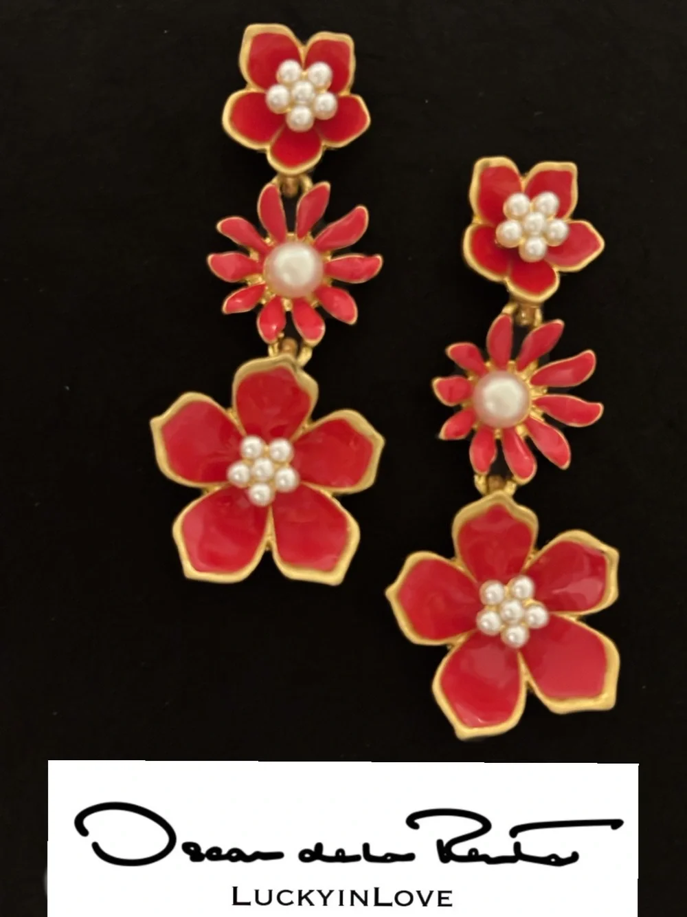 OSCAR DE LA RENTA • Gold with Red Enamel Flower Cascade Pearl Drop Earrings